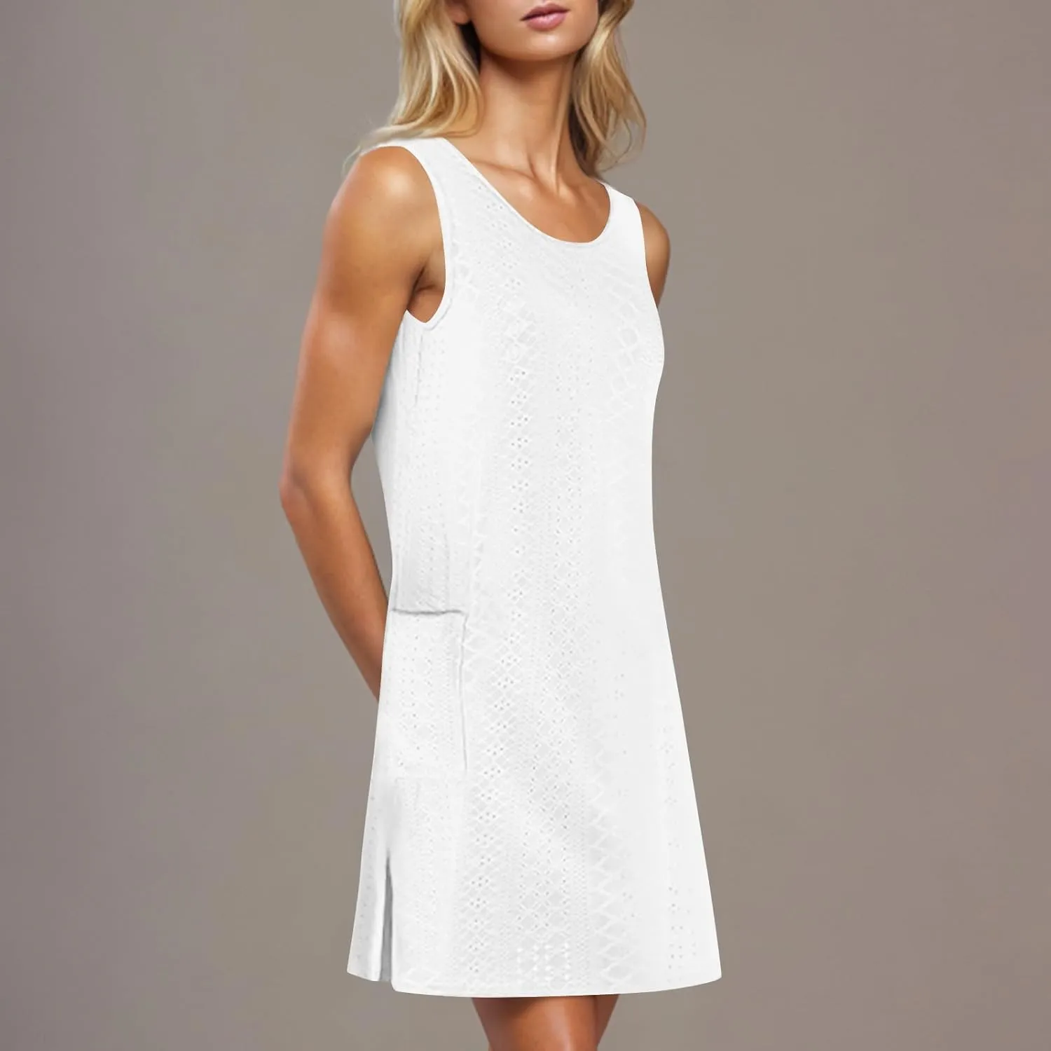 Womens Summer Eyelet Dresses 2025 Swimsuit Coverup with Pockets Casual Beach Vacation Sundresses Sleeveless Tank Dress