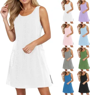 Womens Summer Eyelet Dresses 2025 Swimsuit Coverup with Pockets Casual Beach Vacation Sundresses Sleeveless Tank Dress