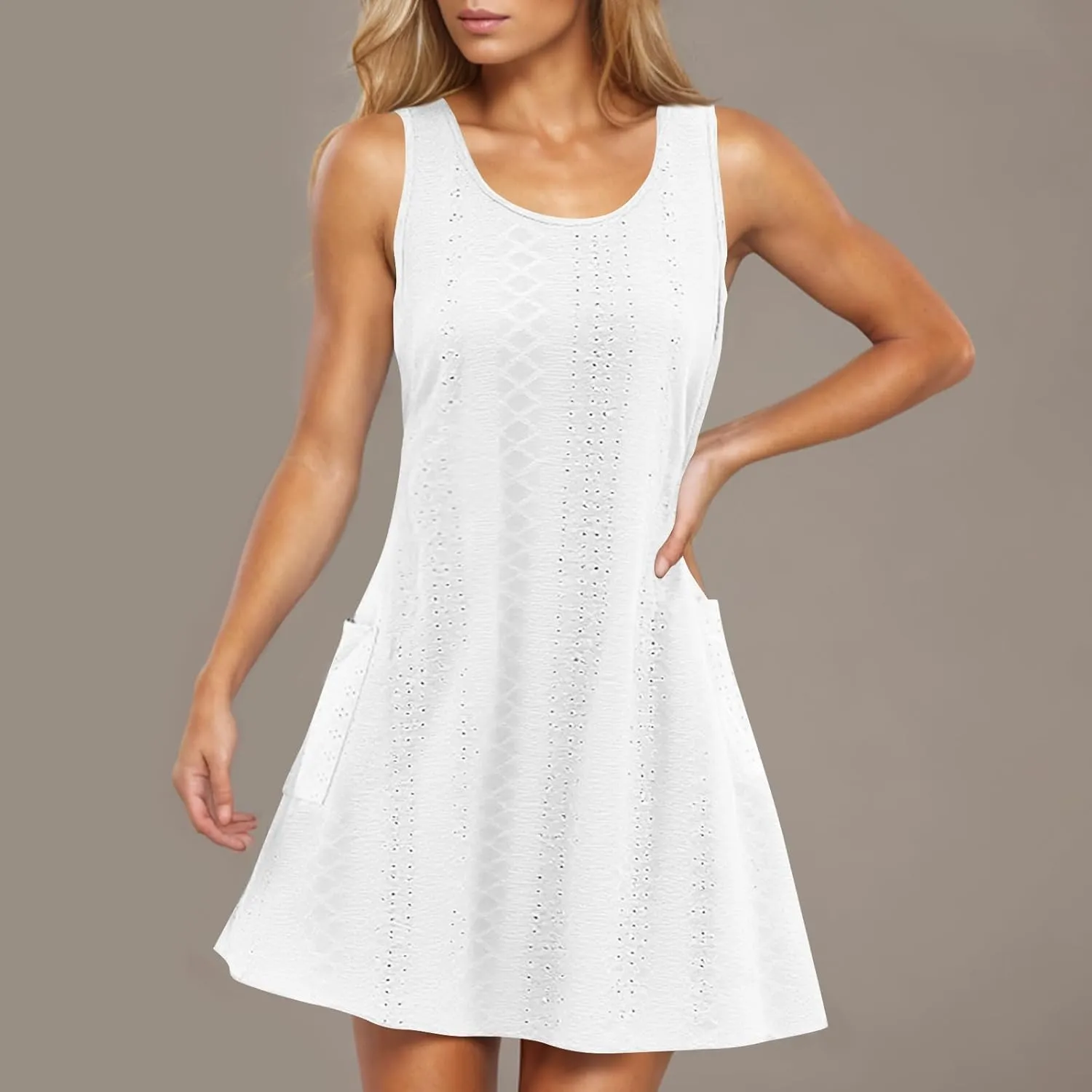 Womens Summer Eyelet Dresses 2025 Swimsuit Coverup with Pockets Casual Beach Vacation Sundresses Sleeveless Tank Dress