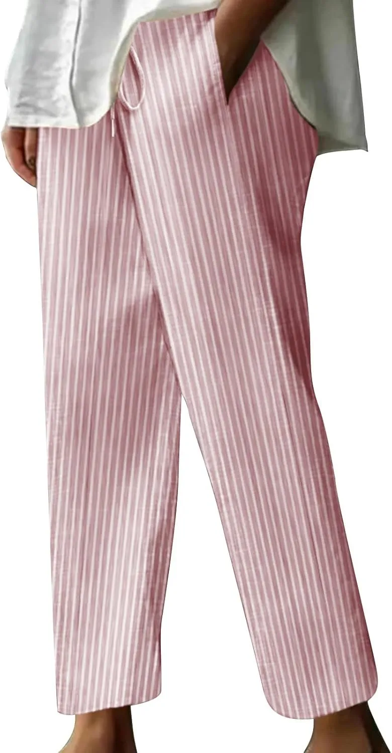 Women's Summer Striped Casual Pants High Waisted Cotton Linen Pants Drawstring Side Pockets Elastic Waist Trousers