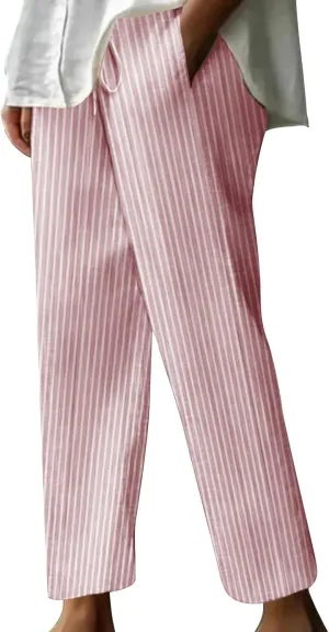 Women's Summer Striped Casual Pants High Waisted Cotton Linen Pants Drawstring Side Pockets Elastic Waist Trousers