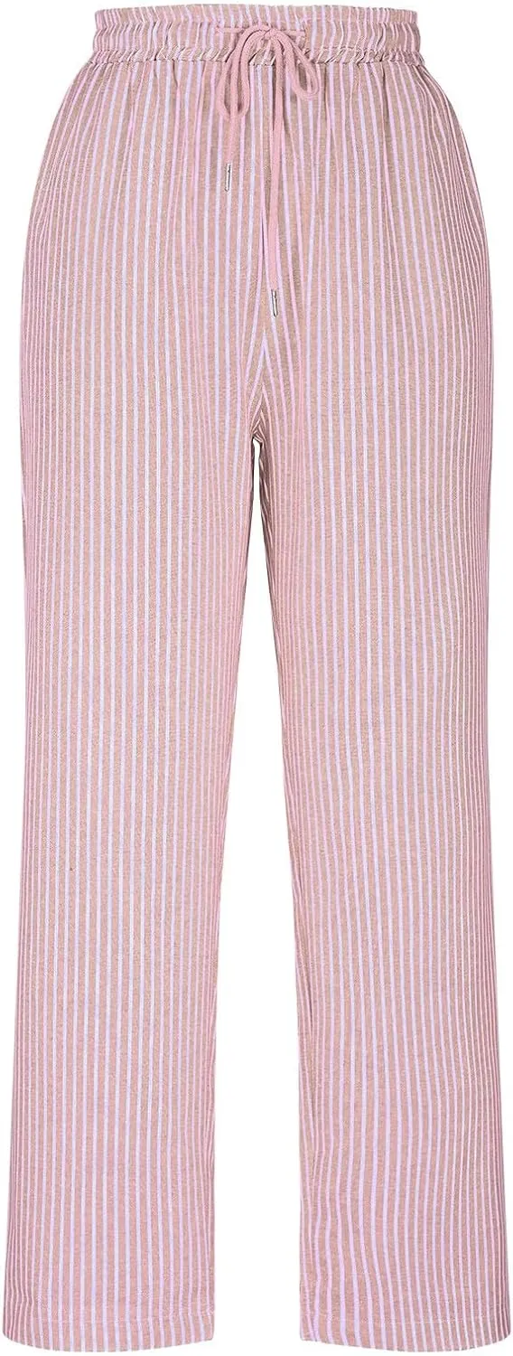 Women's Summer Striped Casual Pants High Waisted Cotton Linen Pants Drawstring Side Pockets Elastic Waist Trousers