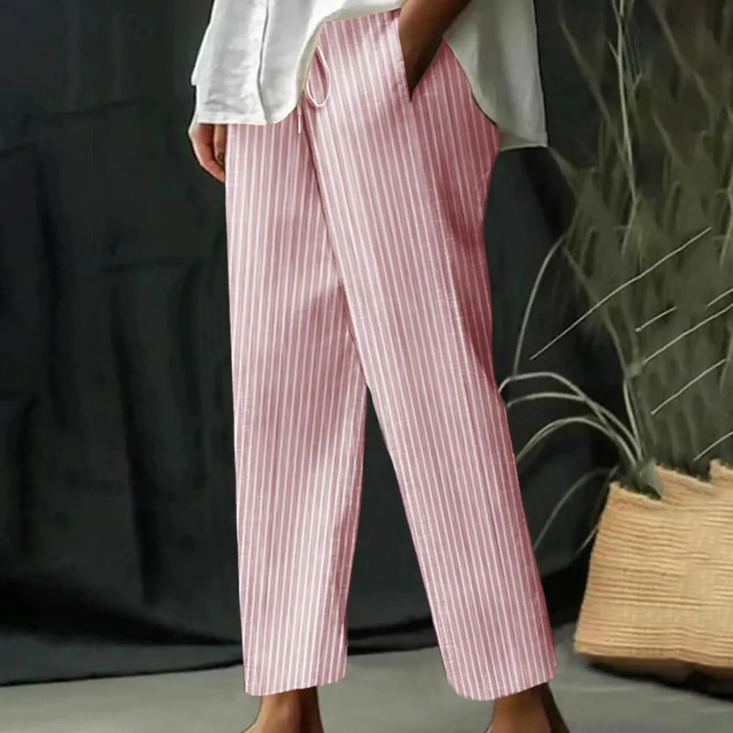 Women's Summer Striped Casual Pants High Waisted Cotton Linen Pants Drawstring Side Pockets Elastic Waist Trousers