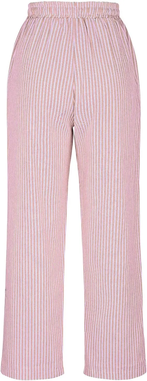 Women's Summer Striped Casual Pants High Waisted Cotton Linen Pants Drawstring Side Pockets Elastic Waist Trousers