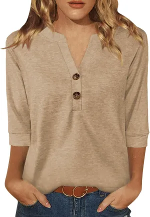 Womens Tops 3/4 Sleeve V Neck Button Down Shirts Business Casual Outfit Basic Tees Summer Top 2025