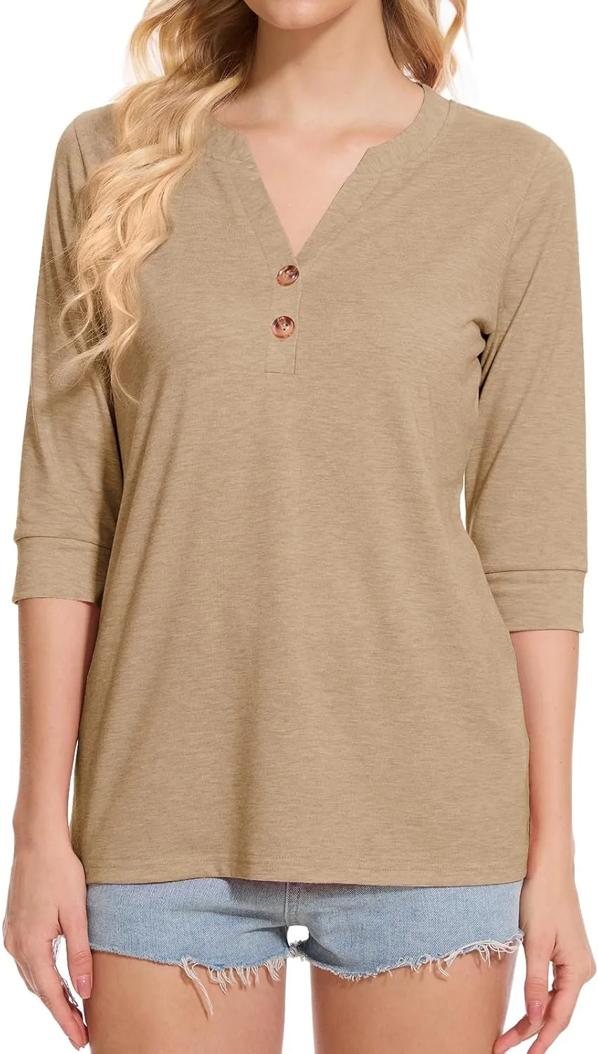 Womens Tops 3/4 Sleeve V Neck Button Down Shirts Business Casual Outfit Basic Tees Summer Top 2025