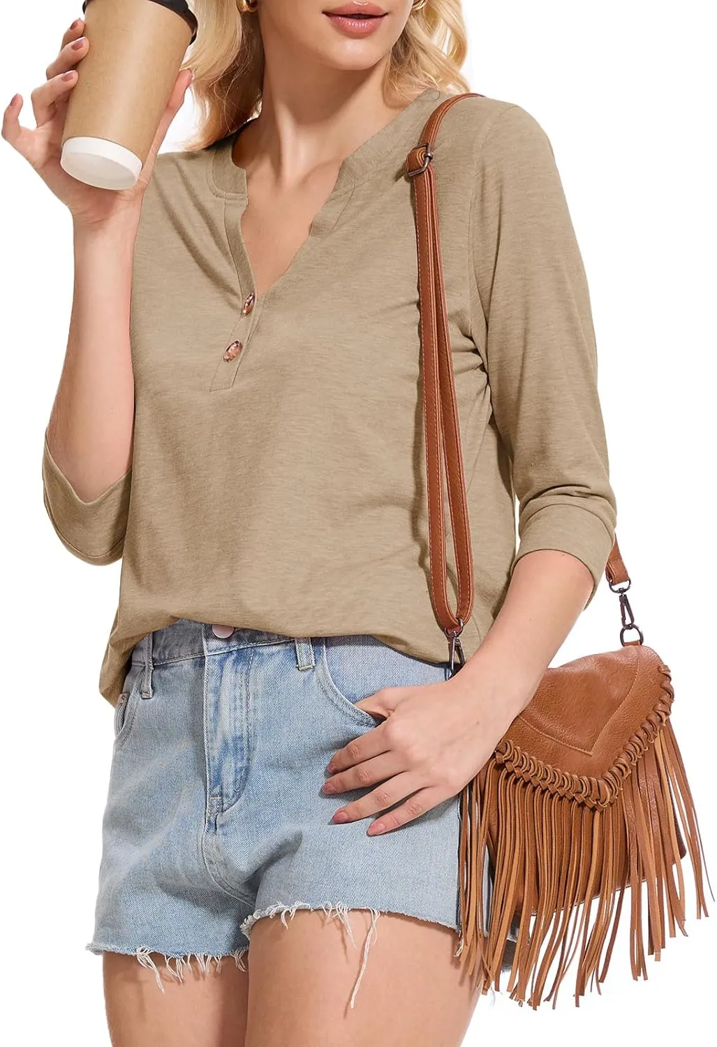 Womens Tops 3/4 Sleeve V Neck Button Down Shirts Business Casual Outfit Basic Tees Summer Top 2025