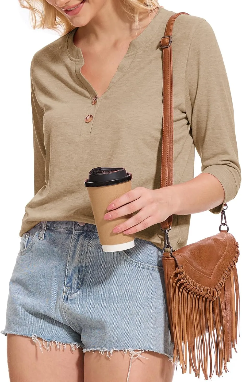 Womens Tops 3/4 Sleeve V Neck Button Down Shirts Business Casual Outfit Basic Tees Summer Top 2025