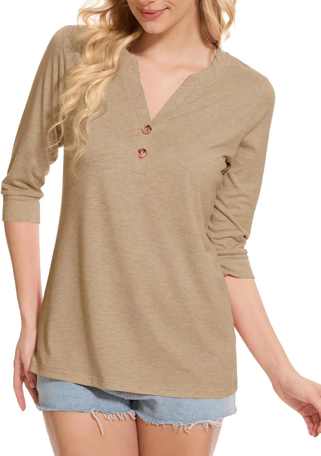 Womens Tops 3/4 Sleeve V Neck Button Down Shirts Business Casual Outfit Basic Tees Summer Top 2025