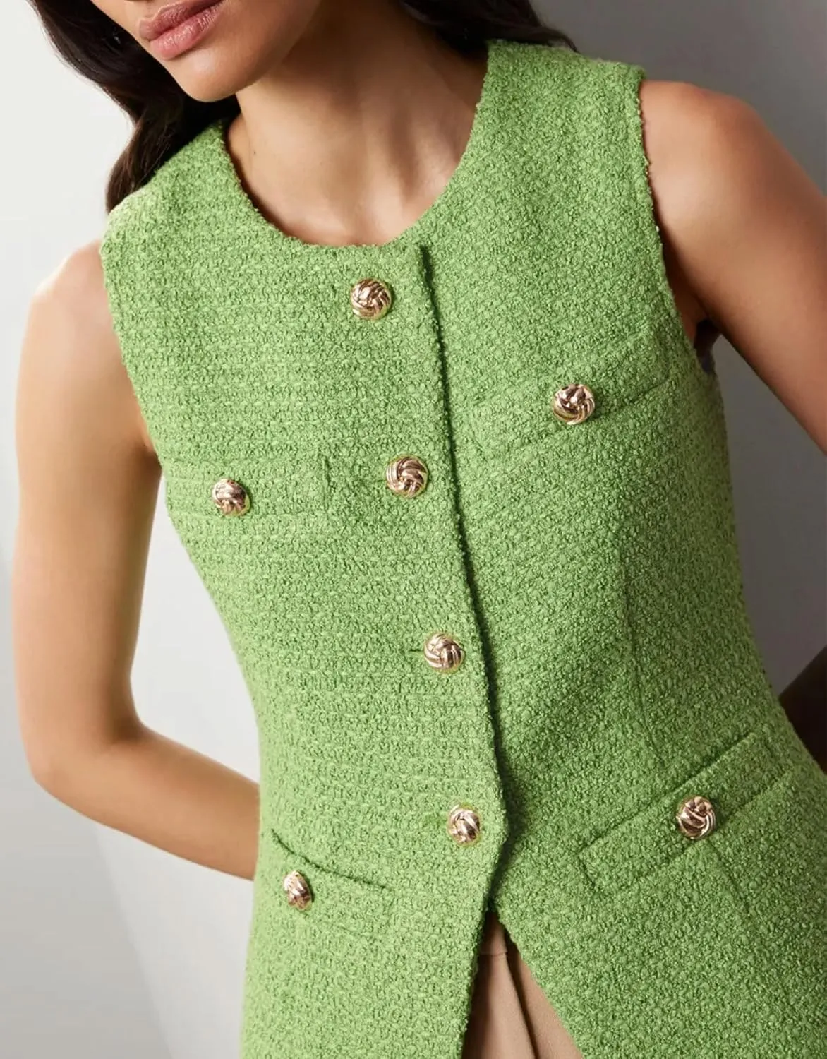 Women's Tweed Blazer Vest Sleeveless Button Front Casual Blazer Jackets Work Office Vest