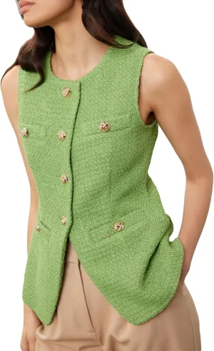 Women's Tweed Blazer Vest Sleeveless Button Front Casual Blazer Jackets Work Office Vest