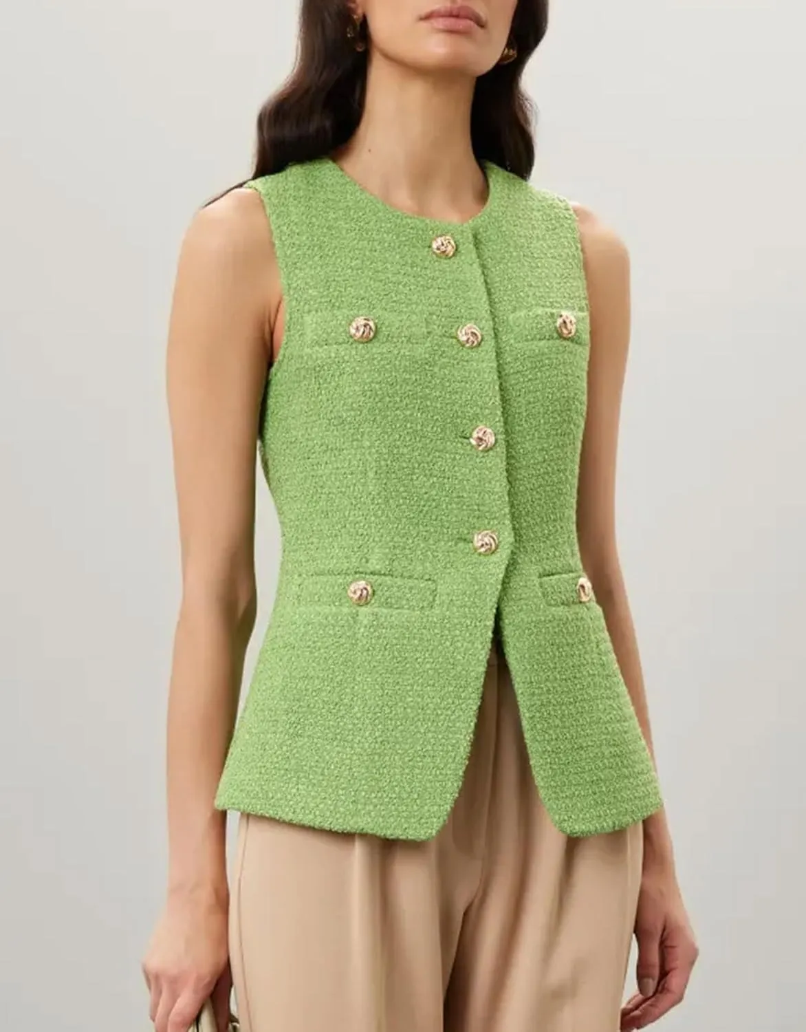 Women's Tweed Blazer Vest Sleeveless Button Front Casual Blazer Jackets Work Office Vest