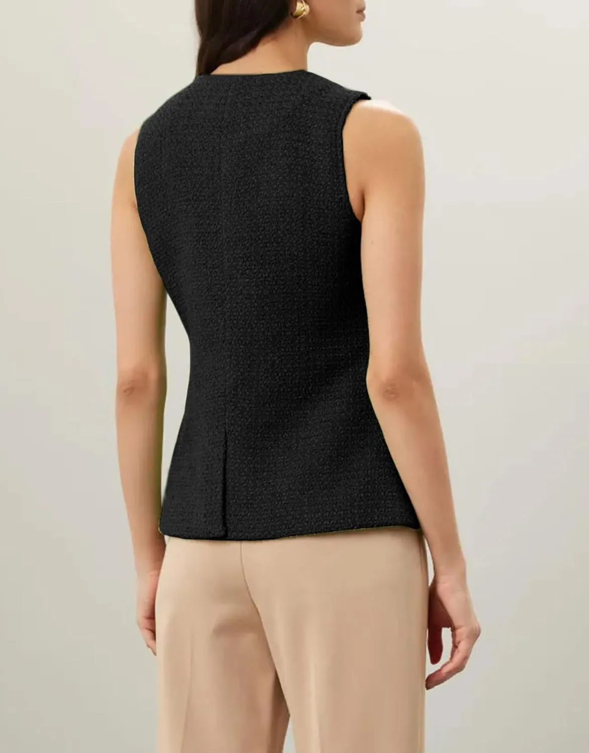 Women's Tweed Blazer Vest Sleeveless Button Front Casual Blazer Jackets Work Office Vest
