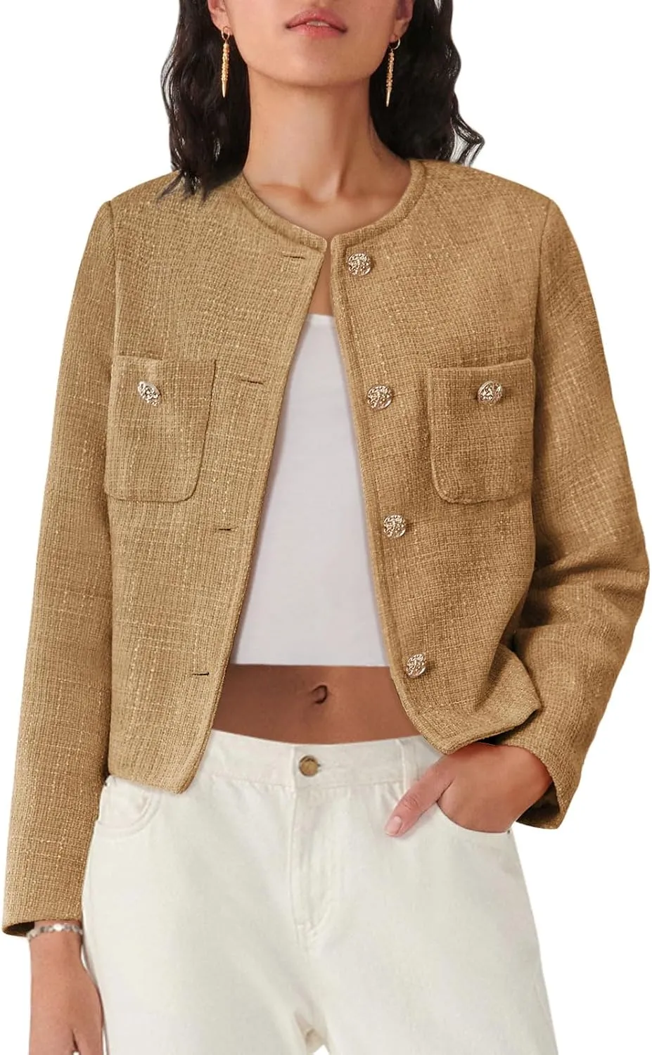 Women's Tweed Jackets Long Sleeve Business Button Down Casual Cropped Blazer with Pockets