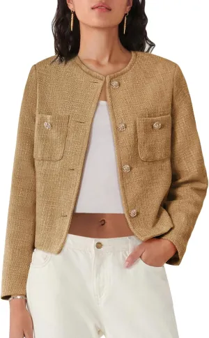 Women's Tweed Jackets Long Sleeve Business Button Down Casual Cropped Blazer with Pockets