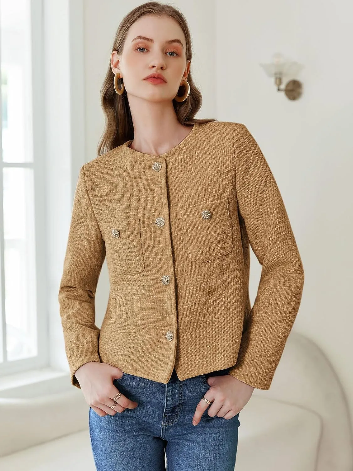 Women's Tweed Jackets Long Sleeve Business Button Down Casual Cropped Blazer with Pockets