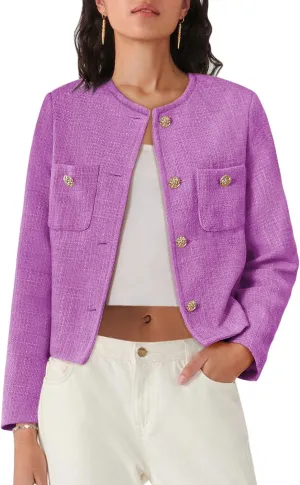 Women's Tweed Jackets Long Sleeve Business Button Down Casual Cropped Blazer with Pockets
