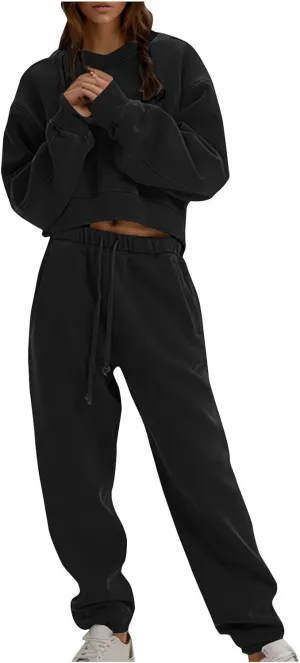 Women's Two Piece Outfits Long Sleeve Crop Sweatshirt and Jogger Pants Lounge Sweatsuit Sets Tracksuit with Pockets