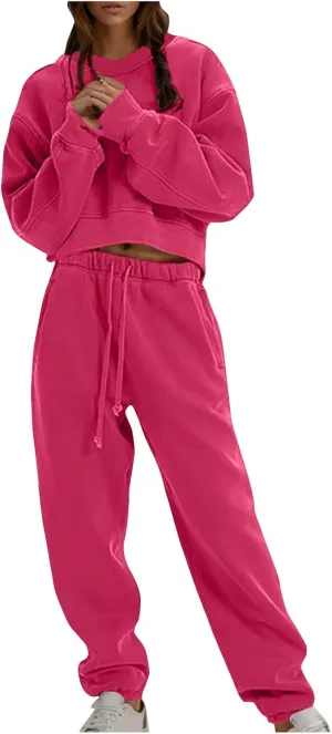 Women's Two Piece Outfits Long Sleeve Crop Sweatshirt and Jogger Pants Lounge Sweatsuit Sets Tracksuit with Pockets