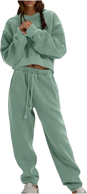 Women's Two Piece Outfits Long Sleeve Crop Sweatshirt and Jogger Pants Lounge Sweatsuit Sets Tracksuit with Pockets