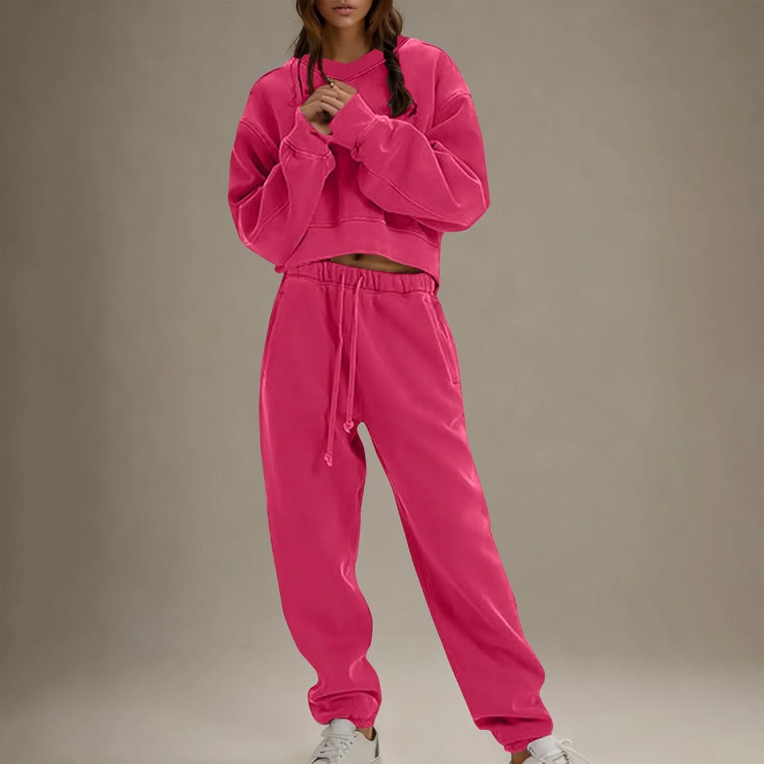 Women's Two Piece Outfits Long Sleeve Crop Sweatshirt and Jogger Pants Lounge Sweatsuit Sets Tracksuit with Pockets