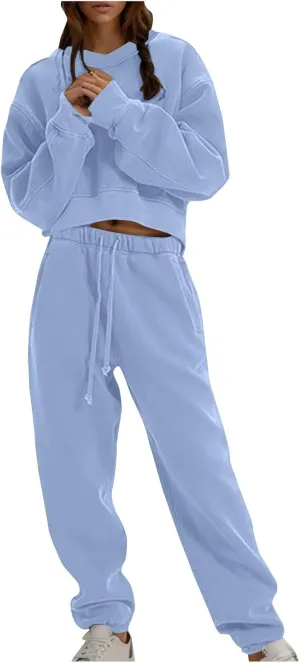 Women's Two Piece Outfits Long Sleeve Crop Sweatshirt and Jogger Pants Lounge Sweatsuit Sets Tracksuit with Pockets