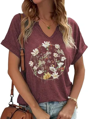 Womens Vintage Flowers V Neck Shirt Boho Floral Wildflowers Graphic Tee Casual Graphic Tees Tops for Girl