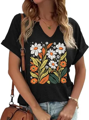 Womens Vintage Flowers V Neck Shirt Casual Floral Print Tee Shirts Cute Wildflowers Graphic Cottagecore Tops