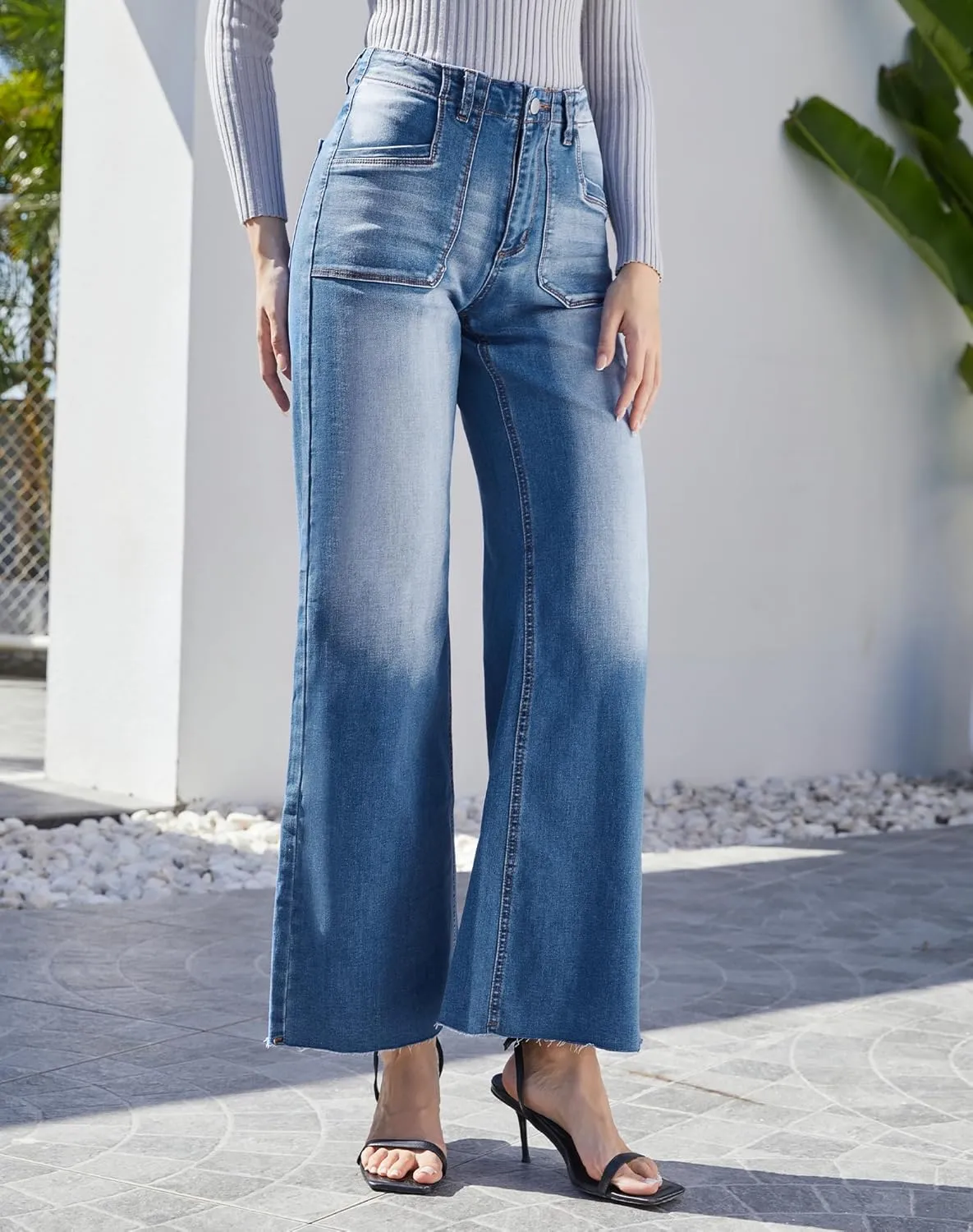 Womens Wide Leg Jeans High Waisted Stretchy Cut Off Loose Denim Pants