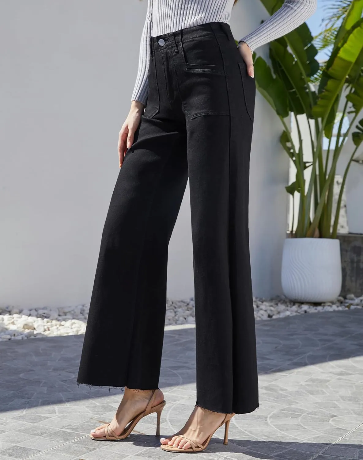 Womens Wide Leg Jeans High Waisted Stretchy Cut Off Loose Denim Pants