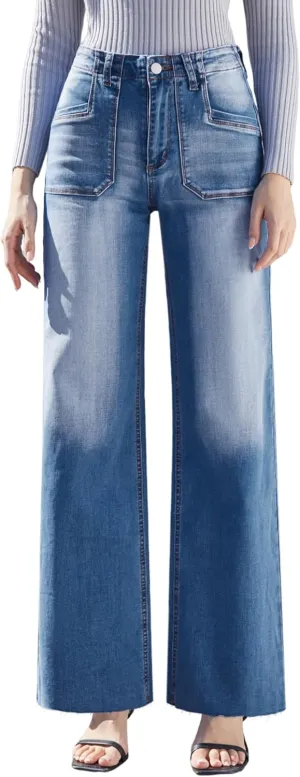 Womens Wide Leg Jeans High Waisted Stretchy Cut Off Loose Denim Pants