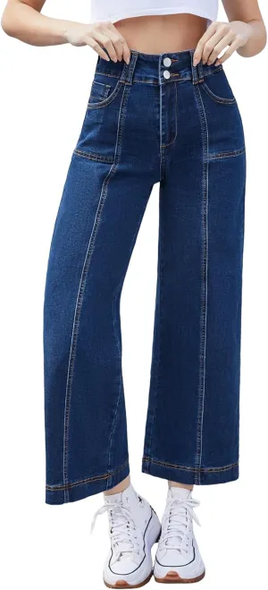Women's Wide Leg Petite Jeans High Waisted Stretchy Cropped Denim Pants