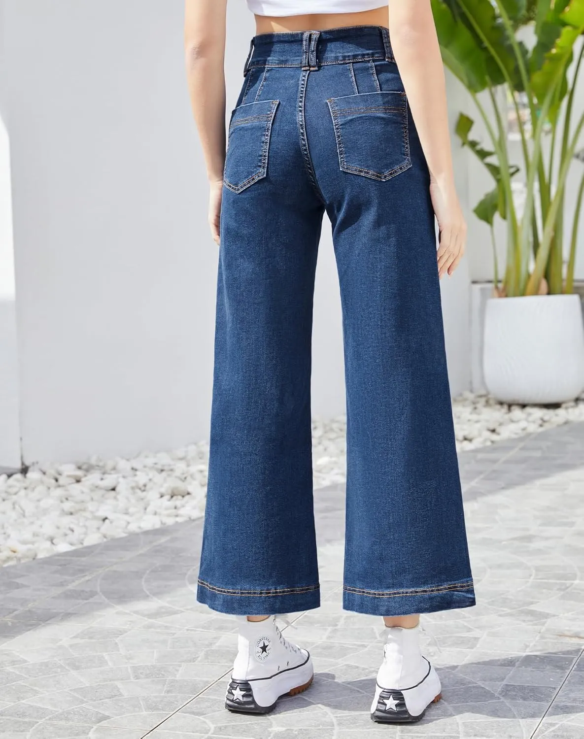 Women's Wide Leg Petite Jeans High Waisted Stretchy Cropped Denim Pants