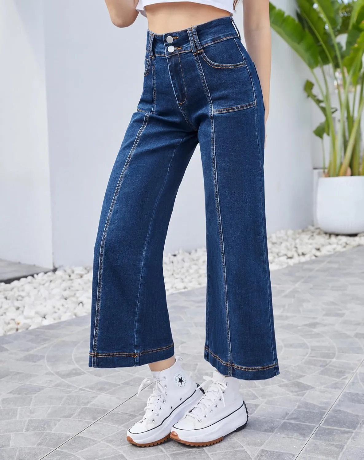 Women's Wide Leg Petite Jeans High Waisted Stretchy Cropped Denim Pants