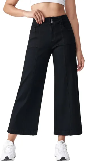Women's Wide Leg Petite Jeans High Waisted Stretchy Cropped Denim Pants