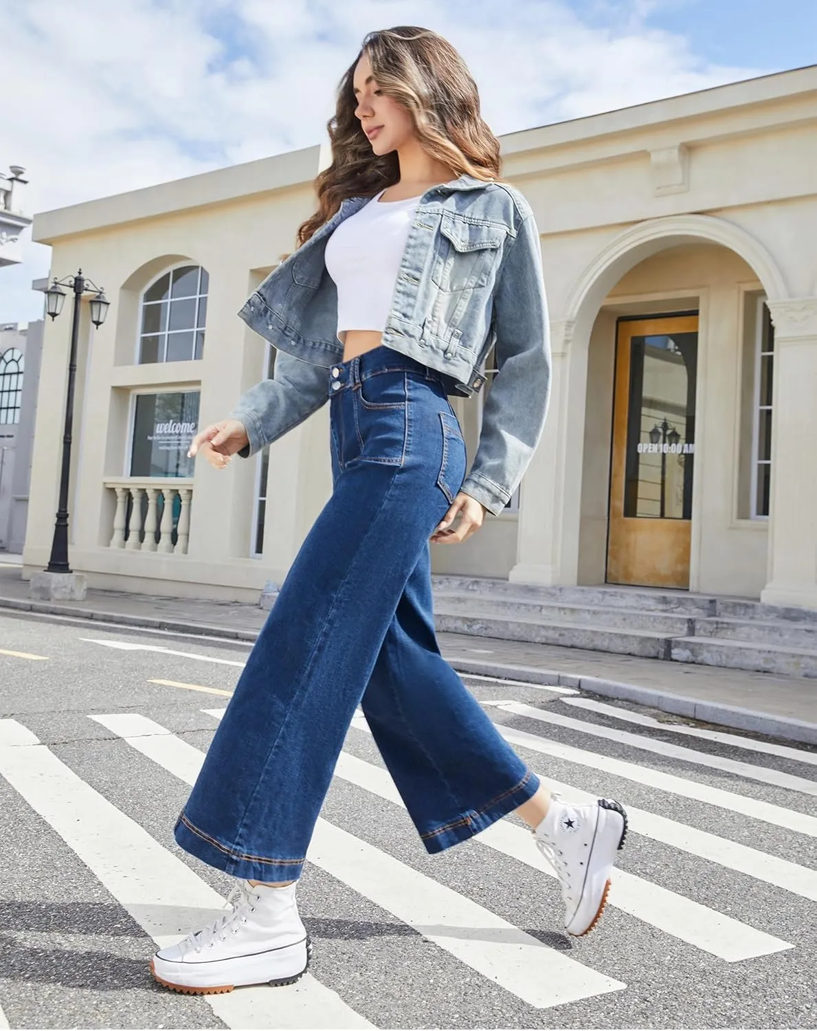 Women's Wide Leg Petite Jeans High Waisted Stretchy Cropped Denim Pants