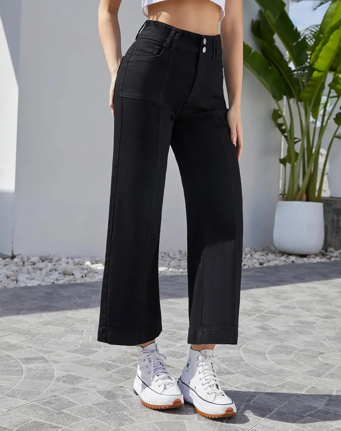 Women's Wide Leg Petite Jeans High Waisted Stretchy Cropped Denim Pants