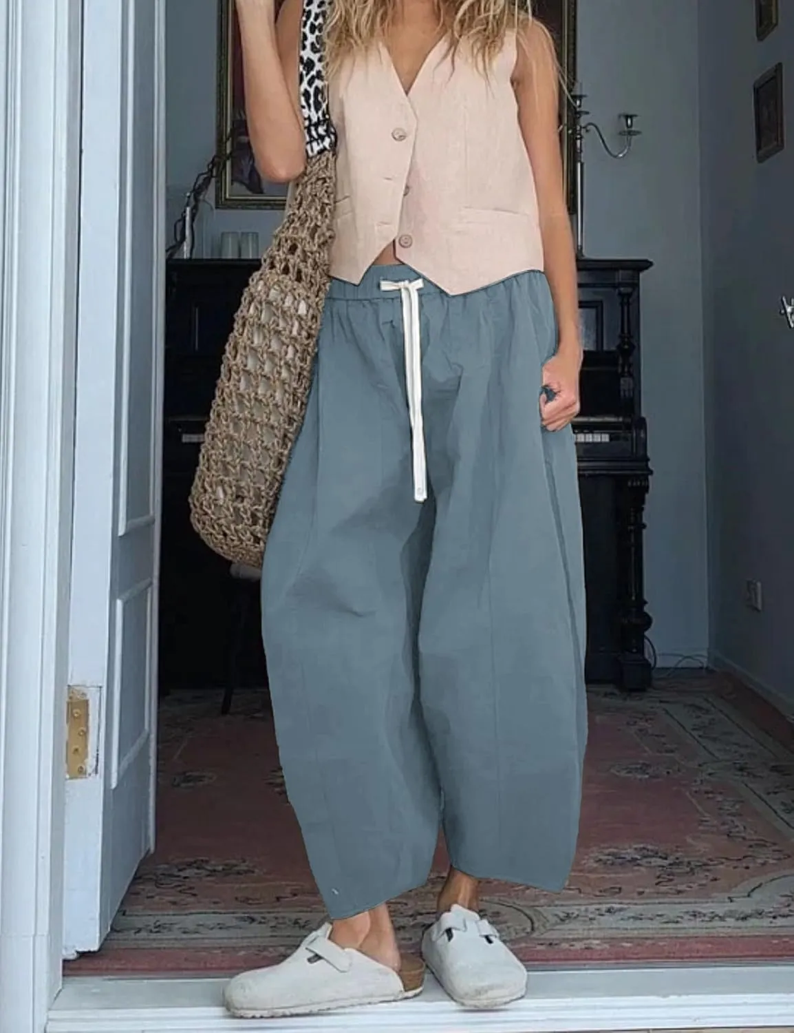 Xiaoxuemeng Barrel Jeans Women Cropped Cotton Wide Leg Pants High Waisted Denim Pants with Pockets