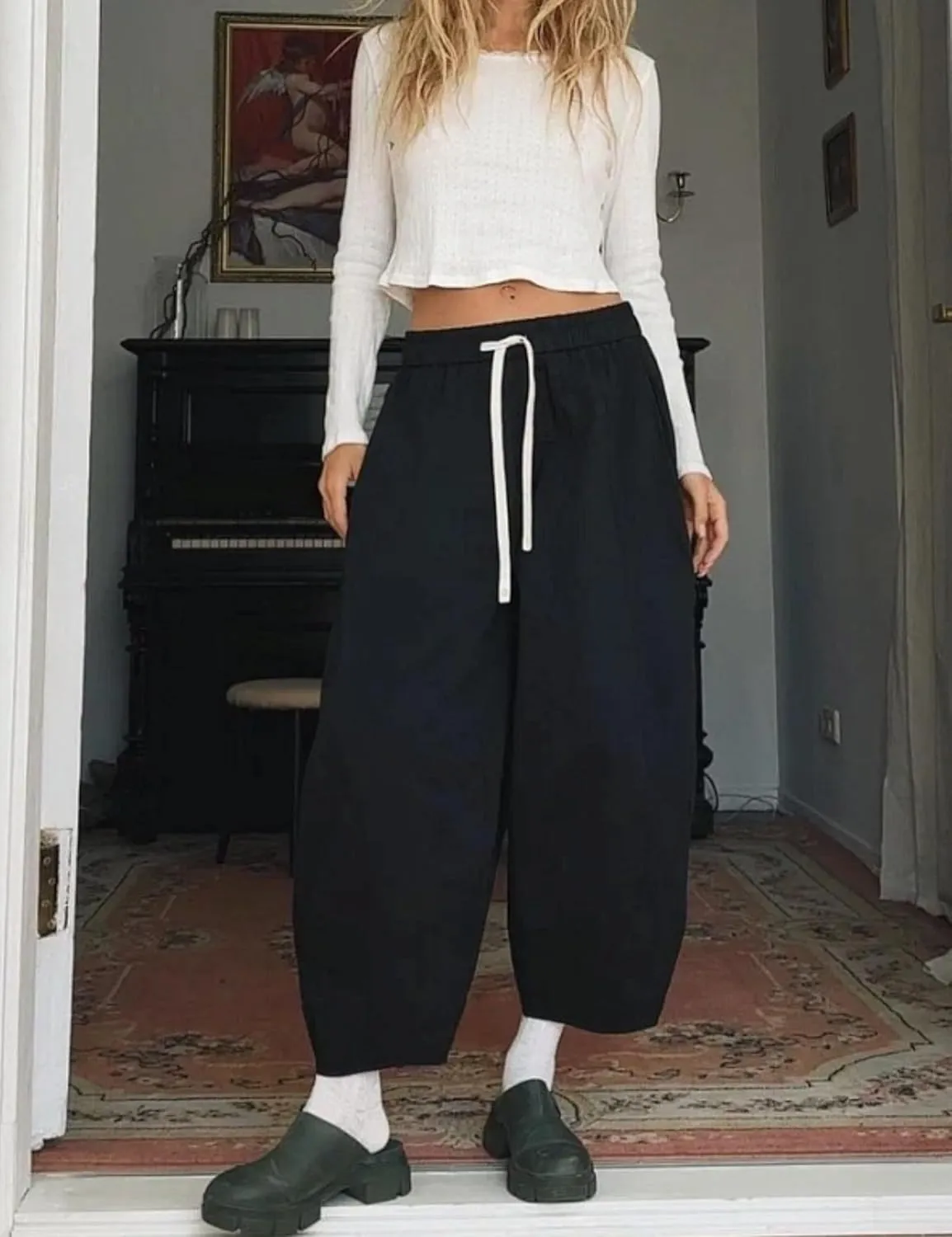 Xiaoxuemeng Barrel Jeans Women Cropped Cotton Wide Leg Pants High Waisted Denim Pants with Pockets
