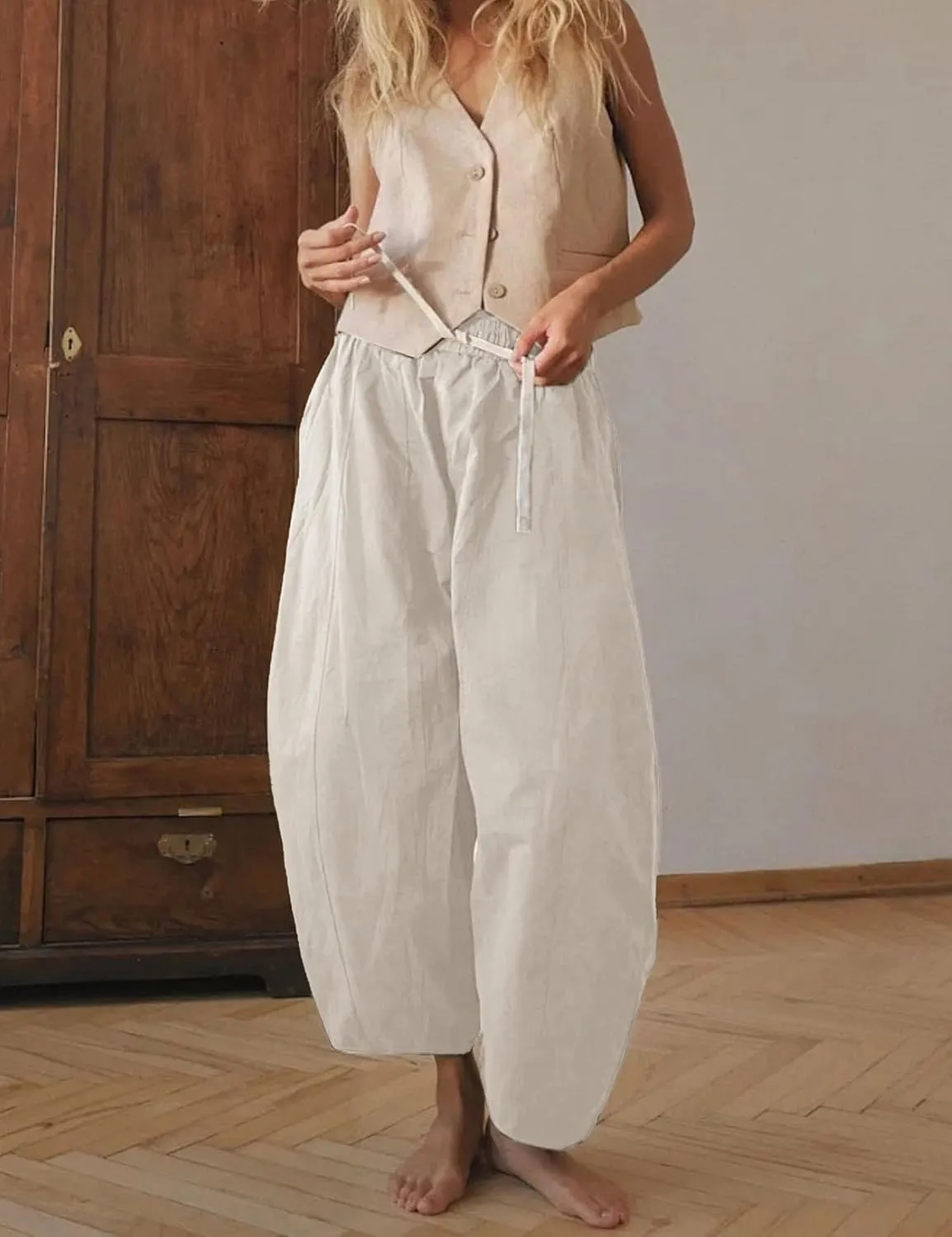 Xiaoxuemeng Barrel Jeans Women Cropped Cotton Wide Leg Pants High Waisted Denim Pants with Pockets
