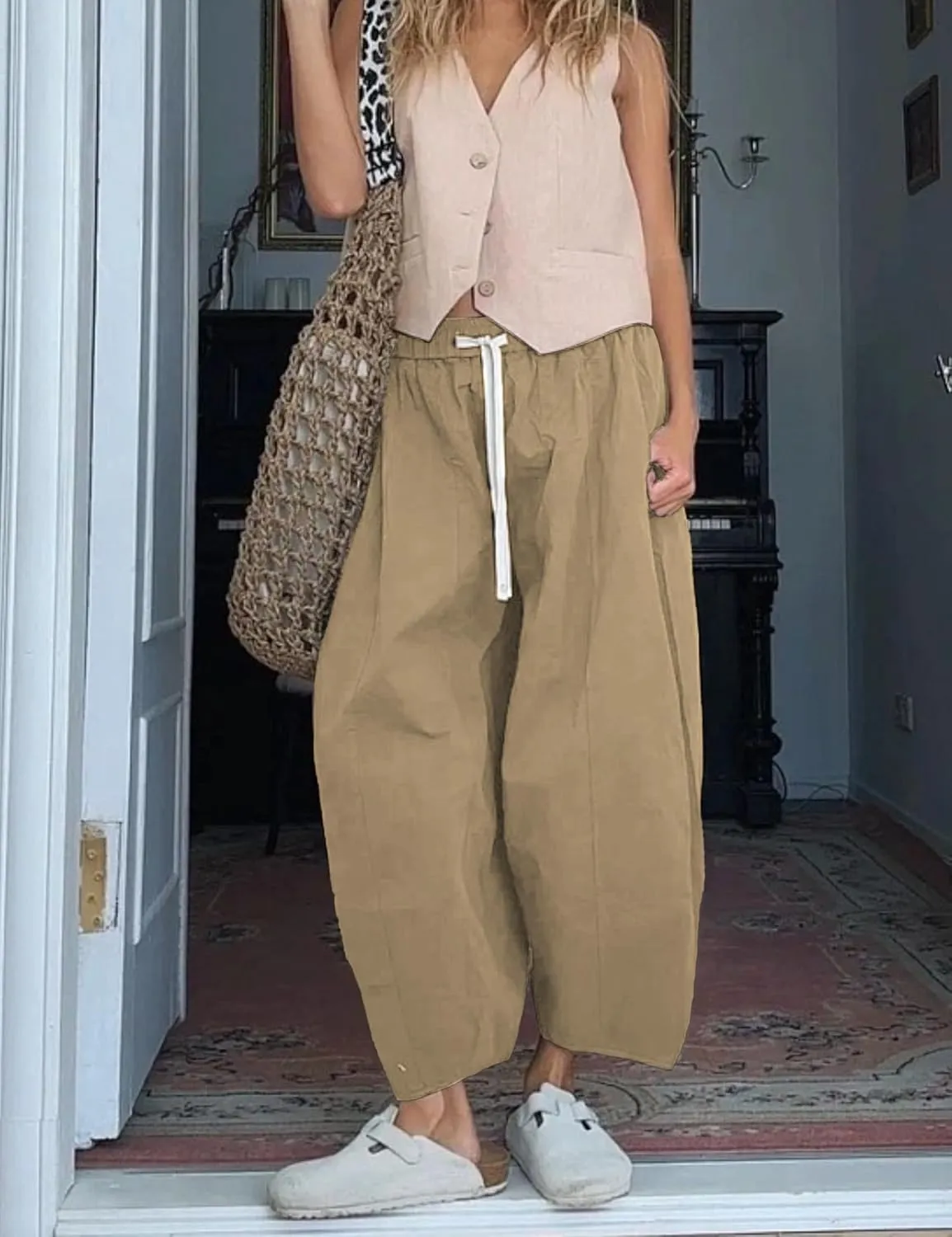 Xiaoxuemeng Barrel Jeans Women Cropped Cotton Wide Leg Pants High Waisted Denim Pants with Pockets