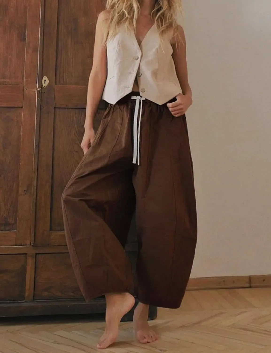 Xiaoxuemeng Barrel Jeans Women Cropped Cotton Wide Leg Pants High Waisted Denim Pants with Pockets