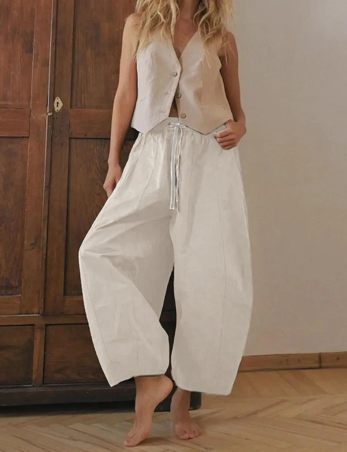 Xiaoxuemeng Barrel Jeans Women Cropped Cotton Wide Leg Pants High Waisted Denim Pants with Pockets