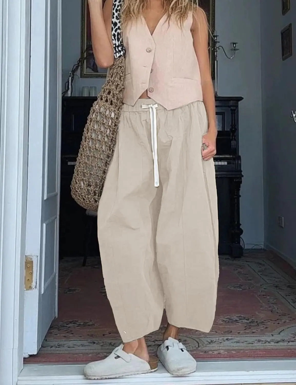 Xiaoxuemeng Barrel Jeans Women Cropped Cotton Wide Leg Pants High Waisted Denim Pants with Pockets