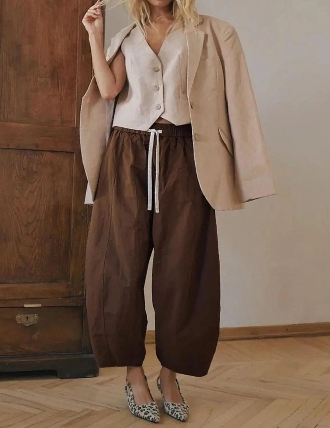 Xiaoxuemeng Barrel Jeans Women Cropped Cotton Wide Leg Pants High Waisted Denim Pants with Pockets