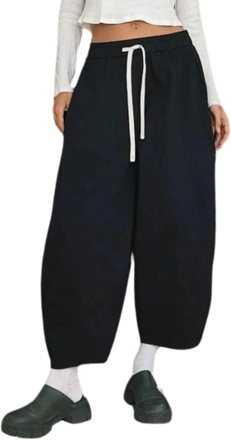 Xiaoxuemeng Barrel Jeans Women Cropped Cotton Wide Leg Pants High Waisted Denim Pants with Pockets