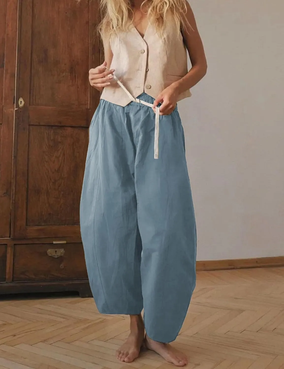 Xiaoxuemeng Barrel Jeans Women Cropped Cotton Wide Leg Pants High Waisted Denim Pants with Pockets