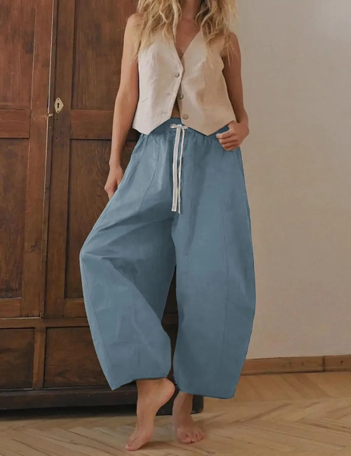 Xiaoxuemeng Barrel Jeans Women Cropped Cotton Wide Leg Pants High Waisted Denim Pants with Pockets