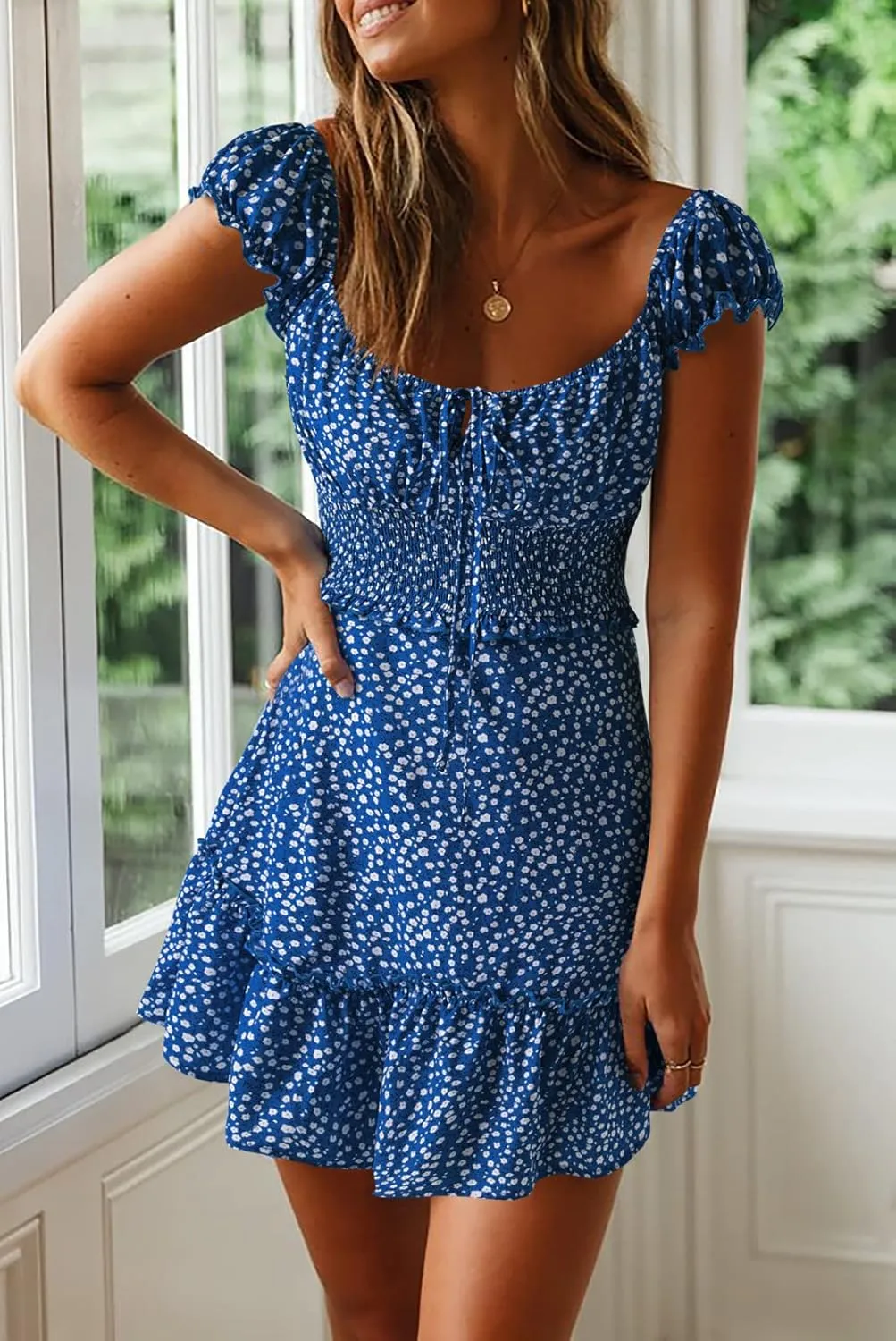 YOBECHO Womens Summer Sexy Sweetheart Collar Printed Ruffle Mini Dress