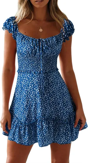 YOBECHO Womens Summer Sexy Sweetheart Collar Printed Ruffle Mini Dress